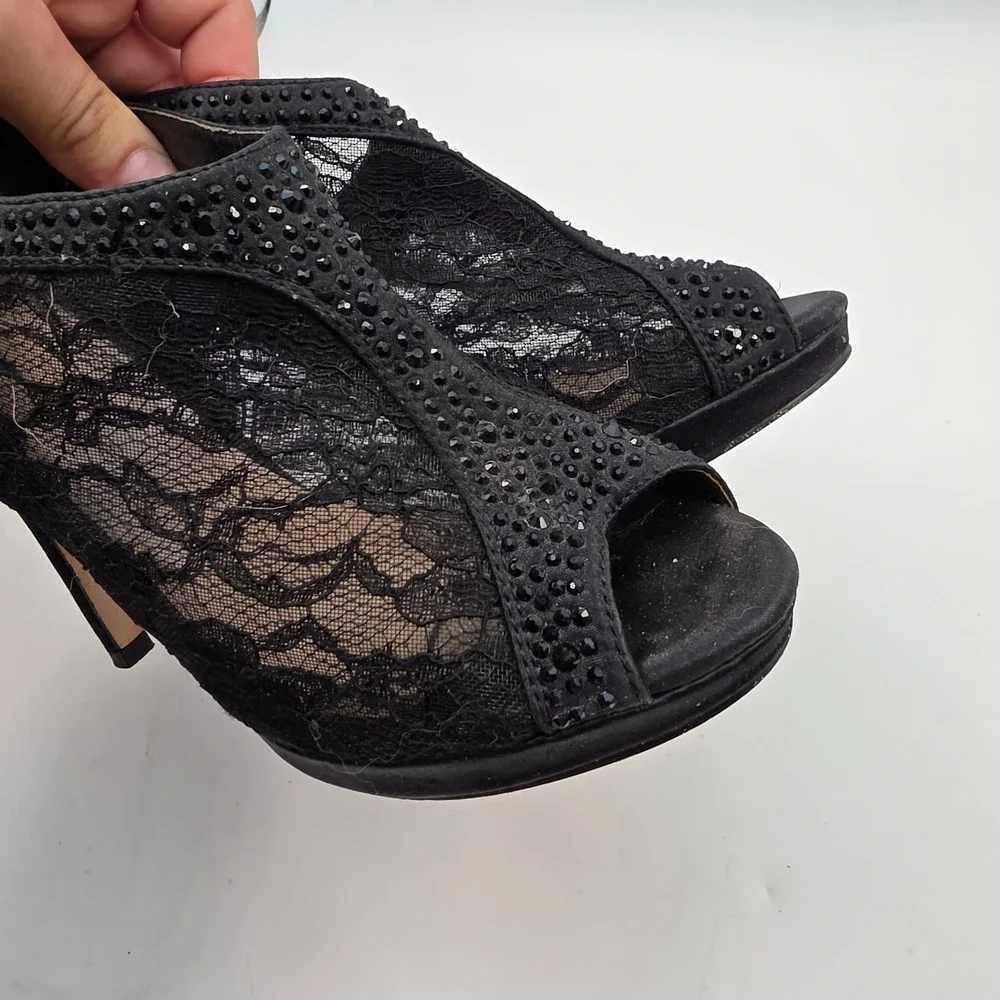 J. Renee Yael-3 Black Lace Rhinestone Peep Toe Bootie Heels Womens 8.5 J8-102
